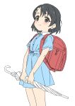  1girl backpack bag black_eyes black_hair blue_dress dress female_child highres idolmaster idolmaster_cinderella_girls idolmaster_cinderella_girls_u149 randoseru sasaki_chie short_sleeves simple_background sincos smile solo standing umbrella white_background 