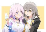  2girls :o black_choker black_gloves black_jacket breasts buttons choker closed_mouth drinking_straw earrings food gloves grey_hair hair_between_eyes highres holding_ice_cream honkai:_star_rail honkai_(series) ice_cream_cone jacket jewelry jin2 juice_box korean_commentary large_breasts long_sleeves looking_at_another march_7th_(honkai:_star_rail) medium_hair multiple_girls open_clothes open_jacket open_mouth pink_hair shirt simple_background small_breasts stelle_(honkai:_star_rail) trailblazer_(honkai:_star_rail) twitter_username upper_body white_shirt white_sleeves yellow_eyes yuri 