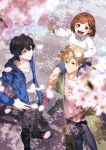  1girl 2boys :d black_hair blonde_hair blue_eyes blue_jacket blue_shorts brown_eyes brown_hair buddy_daddies carrying cherry_blossoms child coat dappled_sunlight day family green_coat grey_shirt hair_ornament hairclip hand_on_own_hip hand_up highres jacket kurusu_kazuki long_sleeves multiple_boys outdoors piggyback red_eyes shadow shirt shorts smile srbwabg sunlight suwa_rei unasaka_miri white_shirt 