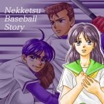  1girl 2boys baseball_bat baseball_uniform blue_eyes blue_hair brown_eyes brown_hair character_request kunio-kun kunio-kun_series long_sleeves lowres mayu_fuka1031 medium_hair multiple_boys purple_hair school_uniform sportswear violet_eyes 