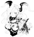  1girl armor black_armor black_horns blonde_hair dragon_horns facial_mark fate/grand_order fate_(series) hair_over_one_eye horns kuriimu0203 looking_at_viewer monochrome nero_claudius_(fate) pointy_ears queen_draco_(fate) queen_draco_(third_ascension)_(fate) reaching reaching_towards_viewer shoulder_plates simple_background smile solo upper_body wavy_hair white_background 