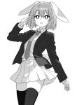  1girl animal_ears bright_pupils collared_shirt commentary greyscale jacket long_sleeves looking_at_viewer monochrome necktie onkn_sxkn open_mouth pleated_skirt rabbit_ears rabbit_girl rabbit_tail reisen_(touhou_bougetsushou) shirt simple_background skirt solo tail thigh-highs touhou 