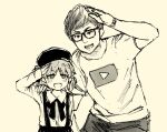  1boy 1girl arm_up beret blush collared_shirt commentary_request crossover fang glasses hand_on_another&#039;s_shoulder hat hatoba_tsugu height_difference hikakin hikakin_(person) leaning_to_the_side long_sleeves looking_at_viewer mole mole_under_eye monochrome neck_ribbon open_mouth ouka_(yama) ribbon salute sepia shirt short_hair short_sleeves simple_background skin_fang skirt smile suspender_skirt suspenders tsugu_(vtuber) v-shaped_eyebrows virtual_youtuber watch watch youtube_logo 