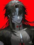  1boy black_hair blade_(honkai:_star_rail) buttons chinese_clothes deciqm earrings hair_over_one_eye highres honkai:_star_rail honkai_(series) jewelry long_hair looking_at_viewer male_focus mature_male mixed-language_commentary parted_bangs parted_lips red_background red_theme solo 