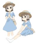  1girl black_eyes blue_dress blush dress frills glasses hat highres ichigo_mashimaro ksrvgn light_brown_hair sakuragi_matsuri short_hair simple_background socks sun_hat white_background 