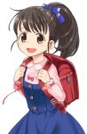  1girl backpack bag black_hair blue_bow blue_dress blush bow brown_eyes collared_shirt crime_prevention_buzzer dress flat_chest fukuyama_mai hair_bow idolmaster idolmaster_cinderella_girls long_hair long_sleeves looking_at_viewer miyanogi_jiji open_mouth pink_shirt ponytail randoseru red_bag shirt smile solo upper_body 