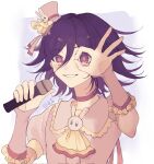  1boy blush brown_choker choker cosplay danganronpa_(series) danganronpa_v3:_killing_harmony detached_sleeves flipped_hair frills grin hair_ornament highres holding holding_microphone hoshino_ai_(oshi_no_ko) hoshino_ai_(oshi_no_ko)_(cosplay) medium_hair microphone oma_kokichi oshi_no_ko pink_headwear pink_shirt puffy_short_sleeves puffy_sleeves purple_hair rabbit_hair_ornament shirt short_sleeves smile solo star-shaped_pupils star_(symbol) symbol-shaped_pupils teeth white_background wunai_(kokichi79940542) 