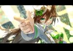  1girl absurdres blurry blurry_background bokeh breasts brown_hair depth_of_field finger_gun floating_hair green_eyes green_shirt hair_between_eyes hair_ornament hairclip hat highres jacket letterboxed long_hair mini_hat mini_top_hat mr._c.b._(umamusume) open_clothes open_jacket open_mouth outstretched_arm pointing pointing_at_viewer shirt small_breasts smile solo stage_lights top_hat umamusume upper_body white_jacket yu_hydra 