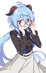  1girl :o ahoge black_shirt blue_hair bracelet brown_eyes commentary_request cowboy_shot ganyu_(china_merchants_bank)_(genshin_impact) ganyu_(genshin_impact) genshin_impact glasses goat_horns hands_on_eyewear hands_up highres horns jewelry long_hair long_sleeves looking_at_viewer mitsuki_meia official_alternate_costume open_mouth red-framed_eyewear semi-rimless_eyewear shirt simple_background skirt solo under-rim_eyewear white_background white_skirt 