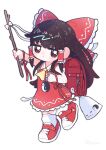  1girl adapted_costume arm_up backpack bag bow brown_eyes brown_hair dotaku_(wran8845) dress expressionless frilled_hair_tubes frills full_body gohei hair_bow hair_tubes hakurei_reimu highres holding holding_stick jitome keychain long_hair looking_at_viewer randoseru red_dress shoes sneakers solo standing standing_on_one_leg stick touhou very_long_hair yin_yang yin_yang_print 