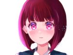  1girl arima_kana blunt_bangs blush bob_cut close-up commentary_request highres light_particles oshi_no_ko parted_lips partial_commentary pink_eyes redhead shirt short_hair simple_background solo suguri_nojo white_background white_shirt 