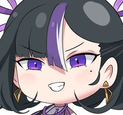  1girl black_hair earrings goddess_of_victory:_nikke grin hair_ribbon jewelry medium_hair mikkotine mole mole_under_eye multicolored_hair purple_hair purple_ribbon ribbon smile solo streaked_hair syuen_(nikke) teeth transparent_background triangle_earrings upper_body violet_eyes white_hair 