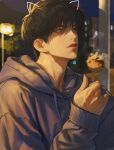  1boy animal_ears black_hair blurry blurry_background brown_eyes cat_ears character_request copyright_request food headlight holding holding_food hood hoodie jnkku lamppost male_focus night outdoors parted_lips purple_hoodie solo 