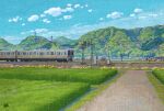  artist_name blue_sky bush clouds commentary_request day east_japan_railway_company field forest grass hill house mountain mugumo_24k nature no_humans original outdoors overhead_line power_lines road scenery signature sky tochigi_prefecture train transmission_tower utility_pole village 