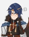  1boy ? alcryst_(fire_emblem) armor blue_hair blush cape circlet closed_mouth fire_emblem fire_emblem_engage gloves hair_between_eyes high_collar highres long_sleeves muneate red_eyes solo white_background wogesb 