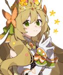  1girl blonde_hair bow butterfly_hair_ornament celine_(fire_emblem) closed_mouth commentary crown dress elbow_gloves fire_emblem fire_emblem_engage flower gloves green_eyes green_ribbon hair_between_eyes hair_flower hair_ornament hair_ribbon highres long_sleeves looking_at_viewer own_hands_together ribbon smile solo upper_body white_background white_gloves wrist_bow yu_go8 