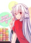  1girl absurdres ahoge black_shirt breasts commentary_request eating food from_behind grey_hair hair_between_eyes happy_birthday heart highres holding holding_food jacket jacket_on_shoulders long_hair looking_at_viewer looking_back macaron medium_breasts murasame_shia original red_eyes red_jacket shirt solo twitter_username very_long_hair white_background 