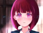  1girl arima_kana blunt_bangs blush bob_cut close-up commentary_request highres light_particles oshi_no_ko parted_lips partial_commentary pink_eyes redhead shirt short_hair solo suguri_nojo white_shirt 