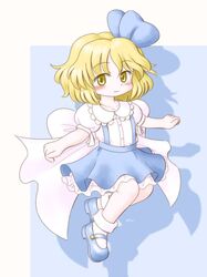  1girl alice_margatroid alice_margatroid_(pc-98) blonde_hair blue_background blue_dress blue_footwear blush dress echigo_yaya looking_at_viewer short_hair solo touhou touhou_(pc-98) yellow_eyes 