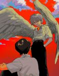  2boys angel angel_wings belt black_pants breast_pocket brown_belt closed_mouth clouds collared_shirt commentary crossed_arms feathered_wings from_behind grey_hair grey_wings hair_between_eyes hands_in_pockets head_down highres ikari_shinji looking_at_another looking_down looking_to_the_side looking_up male_focus multiple_boys nagisa_kaworu neon_genesis_evangelion orange_shirt pants pocket r37_k53 red_eyes red_sky school_uniform shirt short_hair short_sleeves sitting skinny sky smile standing undershirt upper_body white_wings wings 