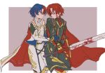  2boys alear_(fire_emblem) alear_(male)_(fire_emblem) ascot belt blood blood_on_face blood_on_weapon blue_hair cape closed_mouth fire_emblem fire_emblem_engage gloves highres holding holding_sword holding_weapon long_sleeves looking_at_another multiple_boys past_alear_(male) red_eyes redhead short_hair sword teacher_sbm weapon white_ascot 