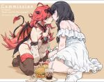  2girls black_hair black_thighhighs burger cola demon_girl food m_k mahiru_(virtuareal) mcdonald&#039;s miki_(virtuareal) multiple_girls redhead shared_food thigh-highs violet_eyes yuri 