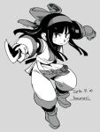  1girl ainu_clothes bow closed_mouth dated full_body gloves greyscale hair_bow hairband hounori knife long_hair looking_at_viewer monochrome nakoruru samurai_spirits simple_background solo weapon 