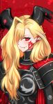  1girl armor black_armor black_horns blonde_hair dragon_horns facial_mark fate/grand_order fate_(series) hair_over_one_eye highres horns long_hair looking_at_viewer nero_claudius_(fate) petals pointy_ears queen_draco_(fate) queen_draco_(third_ascension)_(fate) red_background red_eyes rose_petals shinsaku_(stan-art) shoulder_plates smile solo upper_body wavy_hair 