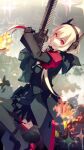  1girl assault_rifle black_jacket black_skirt blonde_hair commentary_request explosion fang from_side girls_frontline gun headset highres holding holding_gun holding_weapon jacket long_hair long_sleeves m4_sopmod_ii m4_sopmod_ii_(girls&#039;_frontline) mineta_naoki multicolored_hair open_mouth pleated_skirt red_armband red_eyes redhead rifle skirt smile solo streaked_hair twitter_username two-tone_hair weapon 