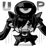  1girl 1other backbeako backbeard chibi commentary_request dress elbow_gloves english_text full_body gegege_no_kitarou gloves hair_over_one_eye hair_ribbon half-closed_eye long_hair looking_at_viewer monochrome on_head one-eyed one_eye_closed open_mouth original pointy_ears ribbon simple_background sleeveless sleeveless_dress smile standing straight-on thigh-highs torotei twintails white_background 