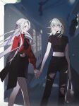  2girls bag bare_legs black_coat black_pants black_shirt black_skirt blurry blurry_background byleth_(female)_(fire_emblem) byleth_(fire_emblem) caicaicaicai_ni_caicai coat contemporary crop_top edelgard_von_hresvelg fire_emblem fire_emblem:_three_houses green_eyes green_hair hair_between_eyes hair_ribbon highres holding holding_bag holding_hands looking_at_another multiple_girls night night_sky outdoors pants parted_bangs purple_ribbon red_shirt ribbon shirt skirt sky torn_clothes torn_pants violet_eyes white_hair yuri 