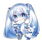  1girl amane_momo animal blue_bow blue_eyes blue_hair blue_scarf bow chibi closed_mouth commentary earmuffs full_body grey_skirt grey_sleeves grey_thighhighs hair_ornament hatsune_miku headset light_blue_hair light_blush looking_at_viewer outstretched_arms pleated_skirt rabbit rabbit_yukine scarf shirt simple_background skirt smile snowflake_print solo standing thigh-highs twintails vocaloid white_background white_mittens white_scarf white_shirt yuki_miku yuki_miku_(2011) 