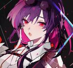  1girl black_background collared_shirt colored_inner_hair earrings eyewear_on_head highres honkai:_star_rail honkai_(series) jewelry kafka_(honkai:_star_rail) long_hair looking_at_viewer loomyoi2 multicolored_eyes multicolored_hair open_mouth pink_hair purple_hair red_eyes shirt sunglasses violet_eyes white_shirt 