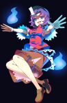  1girl :d black_background blue_eyes blue_headwear commentary_request full_body highres looking_at_viewer miyako_yoshika ofuda open_mouth outstretched_arms purple_hair red_shirt shirt short_hair simple_background smile solo touhou wakadori1234 