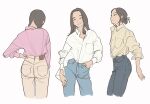  3girls ^_^ braid brown_hair brown_shirt closed_eyes denim expressionless feet_out_of_frame hand_in_pocket hand_on_own_hip highres looking_away looking_to_the_side multiple_girls original pink_shirt riyama shirt sidelocks simple_background standing twin_braids white_background white_shirt 