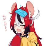  1girl animal_ears animal_on_head black_hair blush closed_eyes collar facing_viewer hair_between_eyes hair_down hakos_baelz hololive hololive_english long_hair long_sleeves mouse mouse_ears mouse_girl mouse_on_head mr._squeaks_(hakos_baelz) multicolored_hair on_head open_mouth redhead sharp_teeth simple_background sleeves_past_fingers sleeves_past_wrists solo spiked_collar spikes streaked_hair teeth twitter_username upper_body virtual_youtuber white_background white_hair yoako 