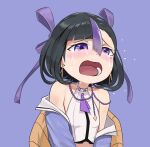  1girl black_hair crop_top crying crying_with_eyes_open goddess_of_victory:_nikke hair_ribbon highres jacket medium_hair mikkotine multicolored_hair necktie open_mouth purple_background purple_hair purple_jacket purple_necktie purple_ribbon ribbon shirt simple_background solo streaked_hair syuen_(nikke) tears upper_body violet_eyes white_shirt 