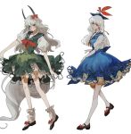  2girls bare_legs black_footwear blue_dress blue_headwear bow dress ex-keine green_dress hair_bow horns kamishirasawa_keine long_hair multiple_girls neckerchief oni_horns red_bow red_neckerchief shirt socks touhou very_long_hair white_background white_hair white_shirt white_socks xiaowulianglin1 