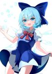  1girl :d blue_bow blue_dress blue_eyes bow cirno commentary_request detached_wings dress hair_bow highres ice ice_wings looking_at_viewer mikan_(manmarumikan) open_mouth short_sleeves simple_background smile solo touhou white_background wings 