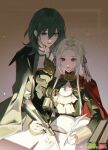  2girls black_cape book book_stack byleth_(female)_(fire_emblem) byleth_(fire_emblem) caicaicaicai_ni_caicai cape desk edelgard_von_hresvelg fire_emblem fire_emblem:_three_houses gloves green_eyes green_hair hair_between_eyes hair_ribbon hand_on_another&#039;s_shoulder highres holding holding_quill light_smile looking_down multiple_girls open_book paper parted_bangs purple_ribbon quill red_cape ribbon side-by-side violet_eyes white_gloves white_hair yuri 