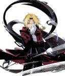  1boy bishounen black_pants blonde_hair braid closed_mouth cofffee edward_elric fullmetal_alchemist gloves hand_on_own_face hood hoodie looking_at_viewer male_focus medium_hair pants red_hoodie serious solo upper_body white_background white_gloves yellow_eyes 