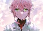  1boy androgynous black_shirt closed_mouth eichi_turnr ensemble_stars! feathers green_eyes himemiya_tori jacket looking_at_viewer male_focus pink_hair shirt short_hair sketch solo turtleneck unhappy white_feathers white_jacket 