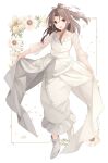  1girl alternate_costume ankle_boots boots brown_eyes collarbone dress flower full_body hair_ribbon highleg highres kantai_collection light_brown_hair long_hair ribbon see-through see-through_sleeves shakemi_(sake_mgmgmg) sleeves_past_elbows solo white_dress white_flower white_footwear white_ribbon zuihou_(kancolle) 