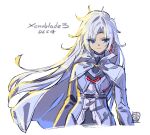  1girl a_(xenoblade) armor blue_eyes cape closed_mouth collared_cape earrings expressionless hair_between_eyes hair_flowing_over hair_intakes jewelry long_hair looking_at_viewer messy_hair saitou_masatsugu simple_background single_earring solo upper_body very_long_hair xenoblade_chronicles_(series) xenoblade_chronicles_3 xenoblade_chronicles_3:_future_redeemed 