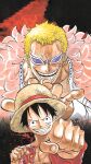  2boys absurdres age_difference blonde_hair clenched_hand clenched_hands donquixote_doflamingo evil_grin evil_smile feather_trim grin hat highres jacket monkey_d._luffy multiple_boys muscular official_art one_piece open_clothes open_jacket open_mouth open_shirt open_vest pectorals scan scar scar_on_chest short_hair size_difference smile straw_hat sunglasses teeth topless_male veins vest zoom_layer 