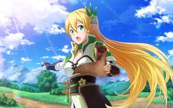  1girl alternate_costume alternate_hairstyle armor blonde_hair blue_sky clouds day faulds fingerless_gloves floating_hair gloves green_eyes hair_between_eyes holding lisbeth_(sao) long_hair looking_at_viewer outdoors outstretched_arm pointy_ears sky solo sunlight sword_art_online underbust very_long_hair white_gloves 