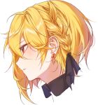  1boy androgynous black_ribbon black_shirt blonde_hair braid collared_shirt crown_braid earrings ensemble_stars! facing_to_the_side highres jewelry kes_0210 male_focus nito_nazuna official_alternate_hairstyle parted_lips profile red_eyes ribbon shirt short_hair solo teeth 