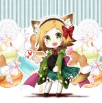  1girl animal_ears back_bow bow bowtie candy chibi fang floral_print food fox_ears fox_tail green_eyes heart holding holding_tray kogitsunemaru_(tenka_hyakken) lace_trim lollipop long_sleeves macaron maid_headdress mikanbako320 open_mouth orange_hair parted_bangs print_skirt red_bow red_bowtie sidelocks skin_fang skirt smile socks solo spoken_heart striped tail tenka_hyakken thick_eyebrows tray vertical_stripes wa_maid white_socks wide_sleeves 