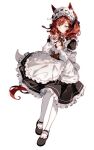  1girl absurdres alternate_costume animal_ears apron black_bow black_footwear black_skirt bow closed_mouth commentary full_body hair_bow highres horse_ears horse_girl horse_tail long_sleeves looking_at_viewer maid maid_apron maid_headdress mary_janes medium_hair migolu nice_nature_(umamusume) pantyhose redhead shoes sidelocks simple_background skirt solo standing tail umamusume white_apron white_background white_pantyhose yellow_eyes 