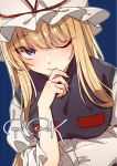  1girl blonde_hair blue_background breasts grey_eyes hand_to_own_mouth hand_up hat large_breasts long_hair looking_at_viewer mob_cap one_eye_closed outline simple_background sleeves_past_elbows solo touhou unkmochi upper_body white_outline yakumo_yukari 